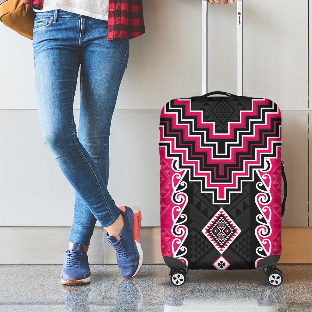 Pink Niho Taniwha Mix Poutama Luggage Cover Unique Taniko Aotearoa