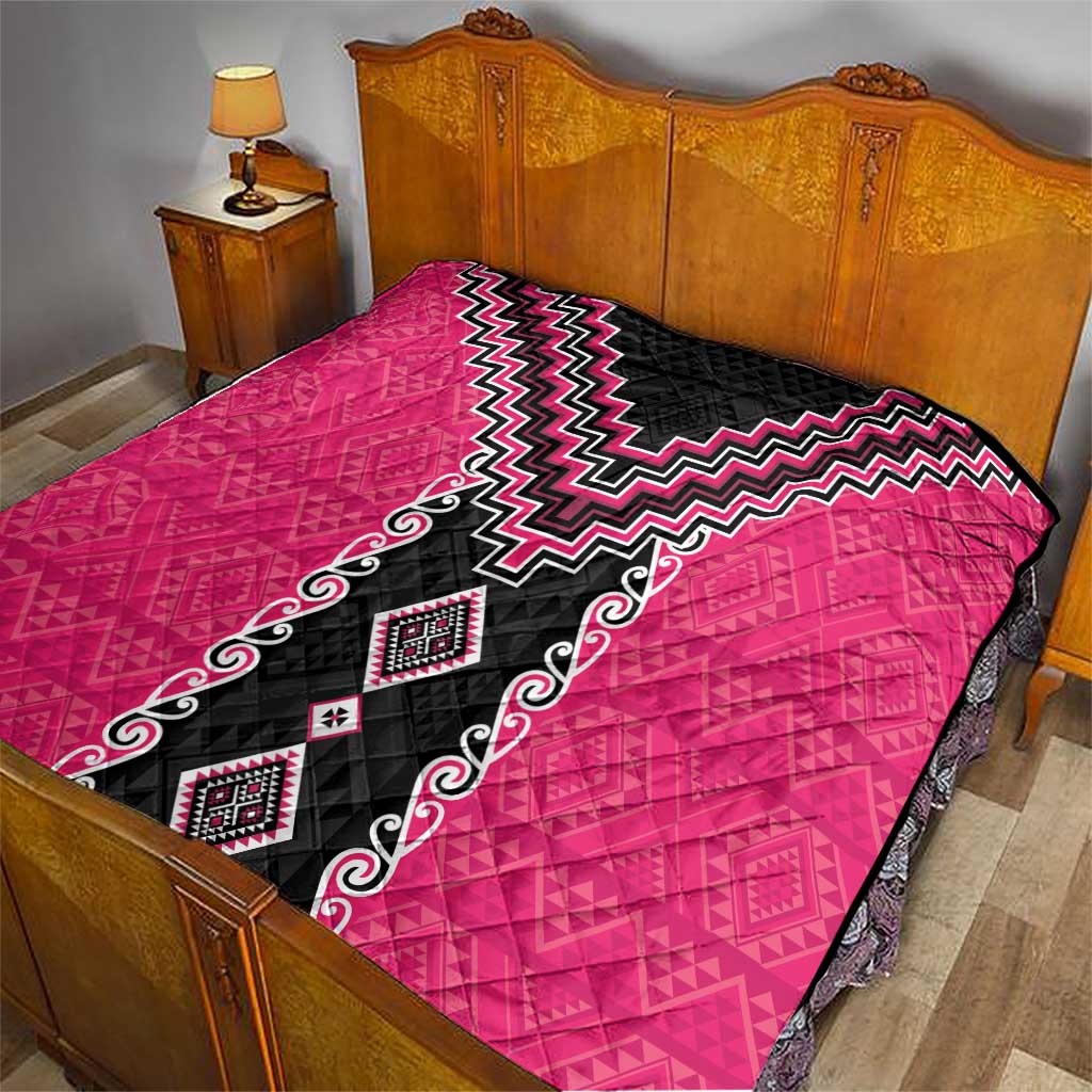 Pink Niho Taniwha Mix Poutama Quilt Unique Taniko Aotearoa