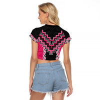 Pink Niho Taniwha Mix Poutama Raglan Cropped T Shirt Unique Taniko Aotearoa LT01 - Polynesian Pride