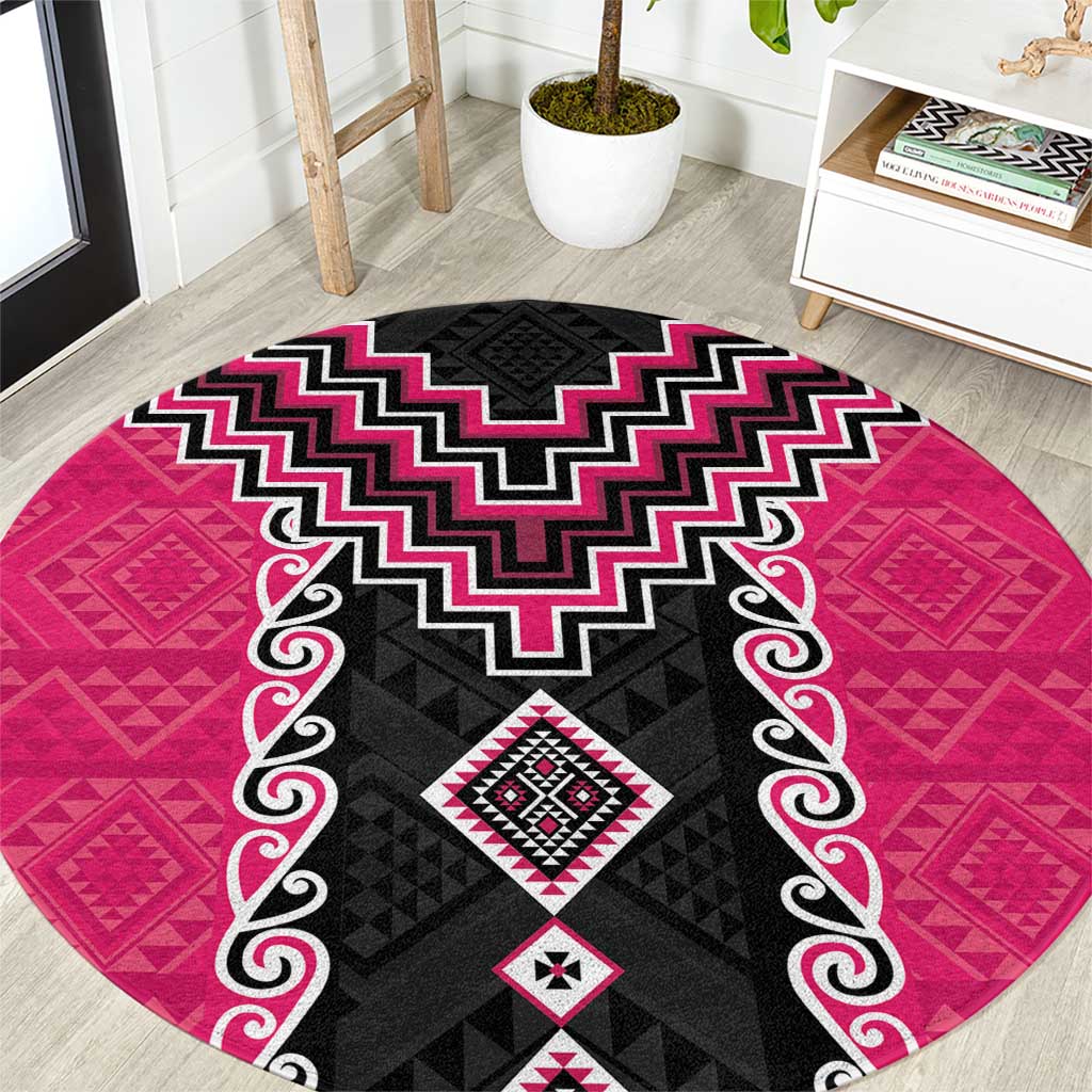 Pink Niho Taniwha Mix Poutama Round Carpet Unique Taniko Aotearoa LT01 Pink - Polynesian Pride