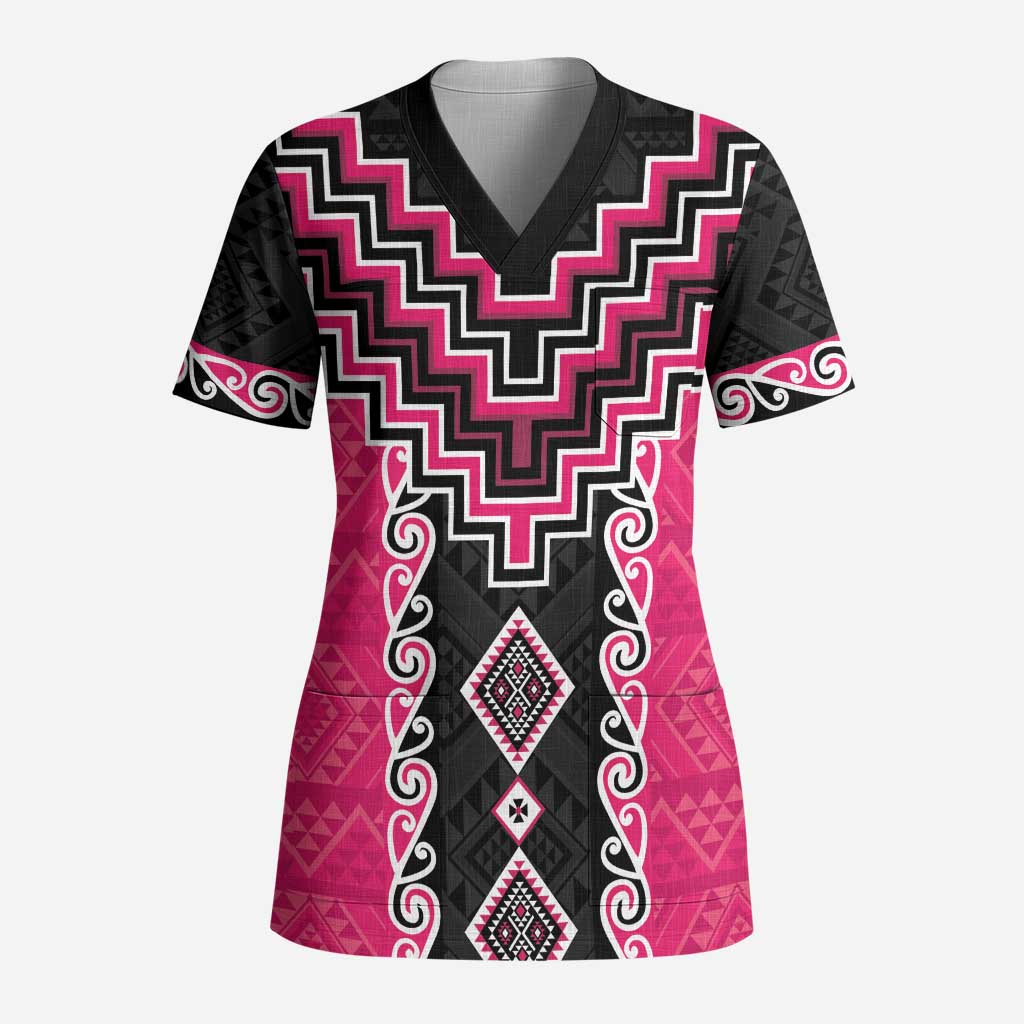 Pink Niho Taniwha Mix Poutama Scrub Top Unique Taniko Aotearoa - Polynesian Pride