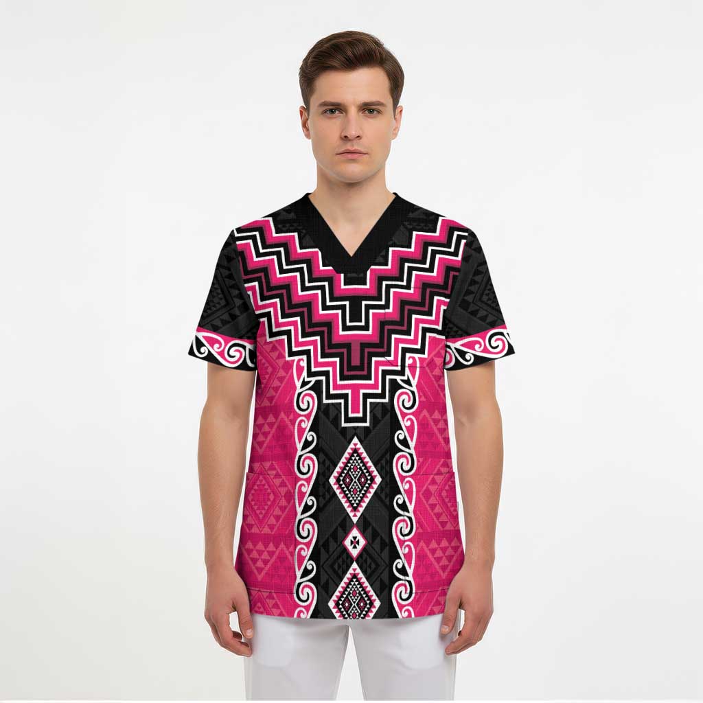 Pink Niho Taniwha Mix Poutama Scrub Top Unique Taniko Aotearoa - Polynesian Pride