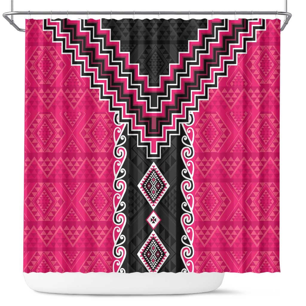 Pink Niho Taniwha Mix Poutama Shower Curtain Unique Taniko Aotearoa