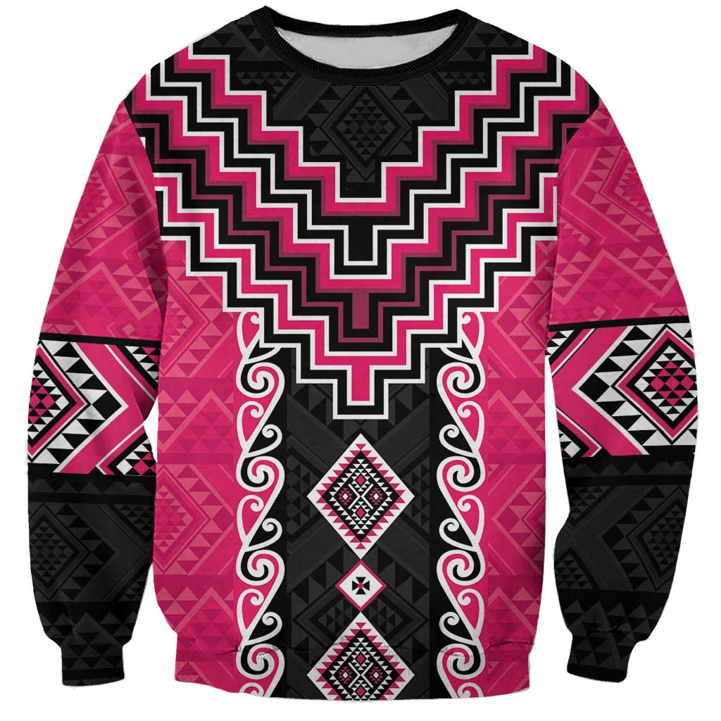 Pink Niho Taniwha Mix Poutama Sweatshirt Unique Taniko Aotearoa LT01 Unisex Pink - Polynesian Pride