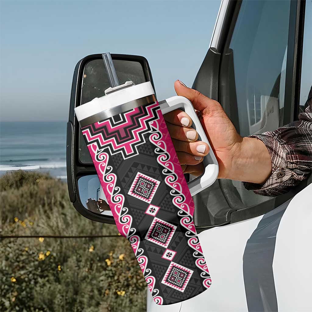 Pink Niho Taniwha Mix Poutama Tumbler With Handle Unique Taniko Aotearoa