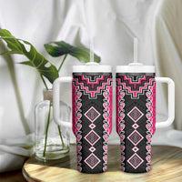 Pink Niho Taniwha Mix Poutama Tumbler With Handle Unique Taniko Aotearoa