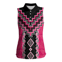Pink Niho Taniwha Mix Poutama Women Sleeveless Polo Shirt Unique Taniko Aotearoa LT01 Female Pink - Polynesian Pride