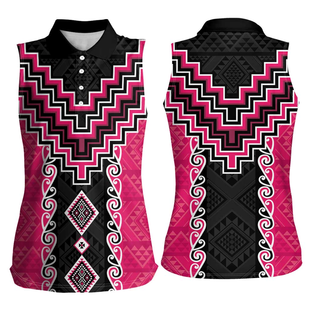 Pink Niho Taniwha Mix Poutama Women Sleeveless Polo Shirt Unique Taniko Aotearoa LT01 - Polynesian Pride