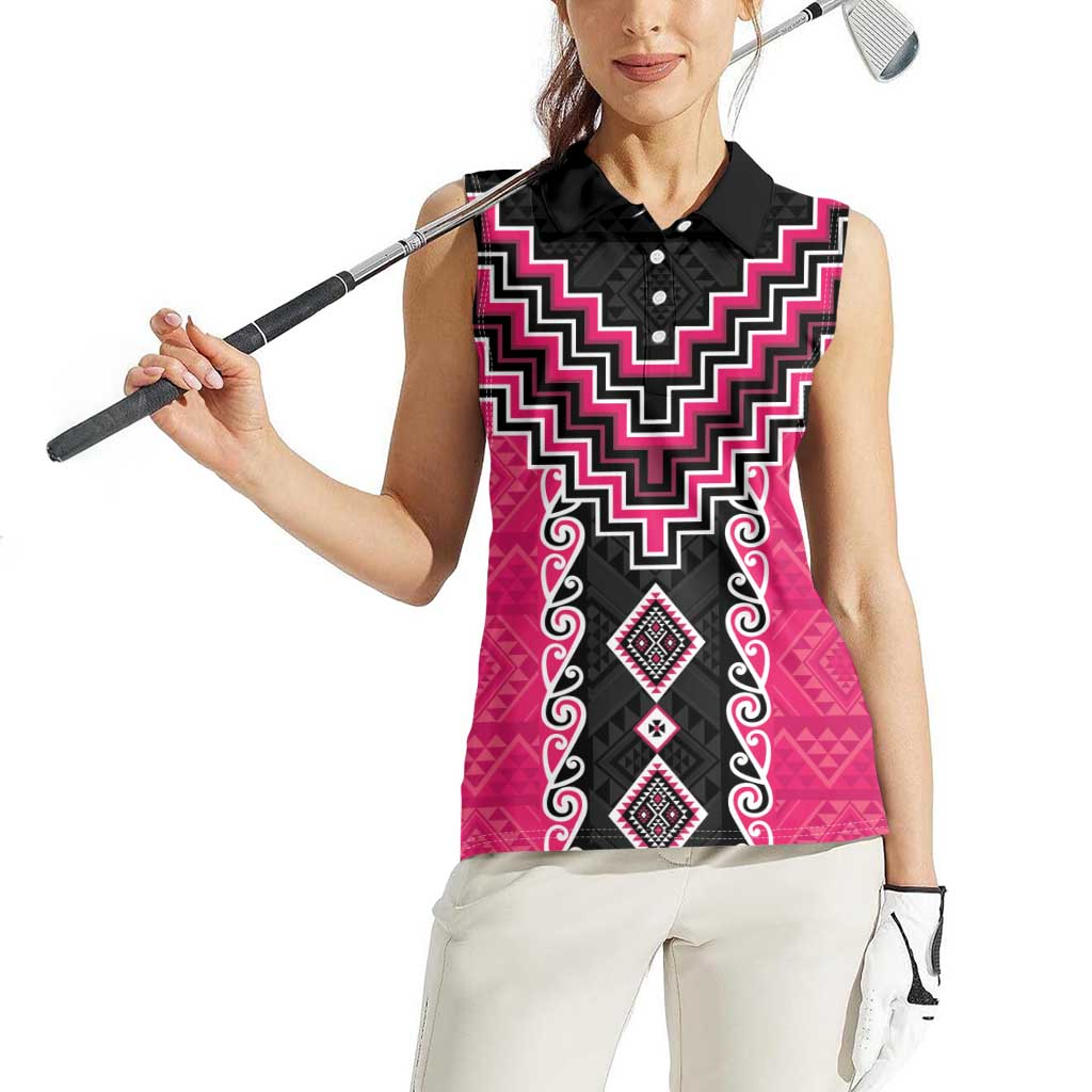 Pink Niho Taniwha Mix Poutama Women Sleeveless Polo Shirt Unique Taniko Aotearoa LT01 - Polynesian Pride