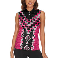 Pink Niho Taniwha Mix Poutama Women Sleeveless Polo Shirt Unique Taniko Aotearoa LT01 - Polynesian Pride