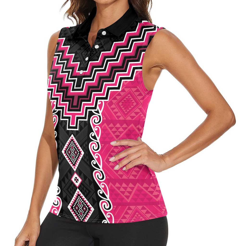 Pink Niho Taniwha Mix Poutama Women Sleeveless Polo Shirt Unique Taniko Aotearoa LT01 - Polynesian Pride