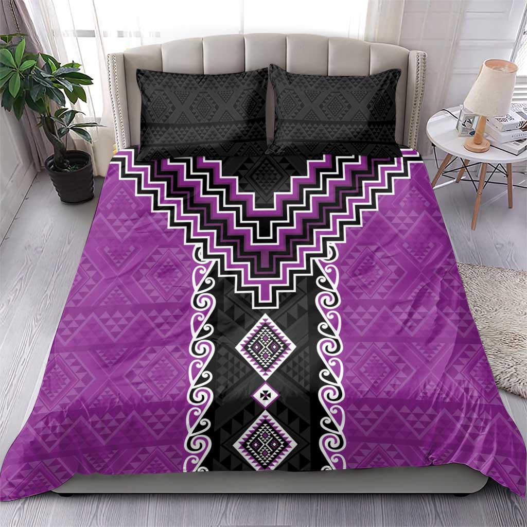 Purple Niho Taniwha Mix Poutama Bedding Set Unique Taniko Aotearoa