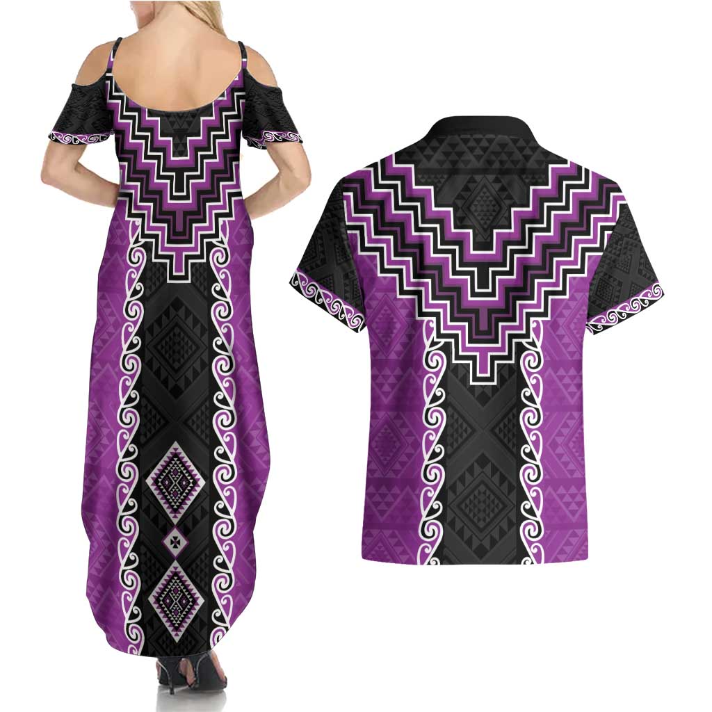 Purple Niho Taniwha Mix Poutama Couples Matching Summer Maxi Dress and Hawaiian Shirt Unique Taniko Aotearoa