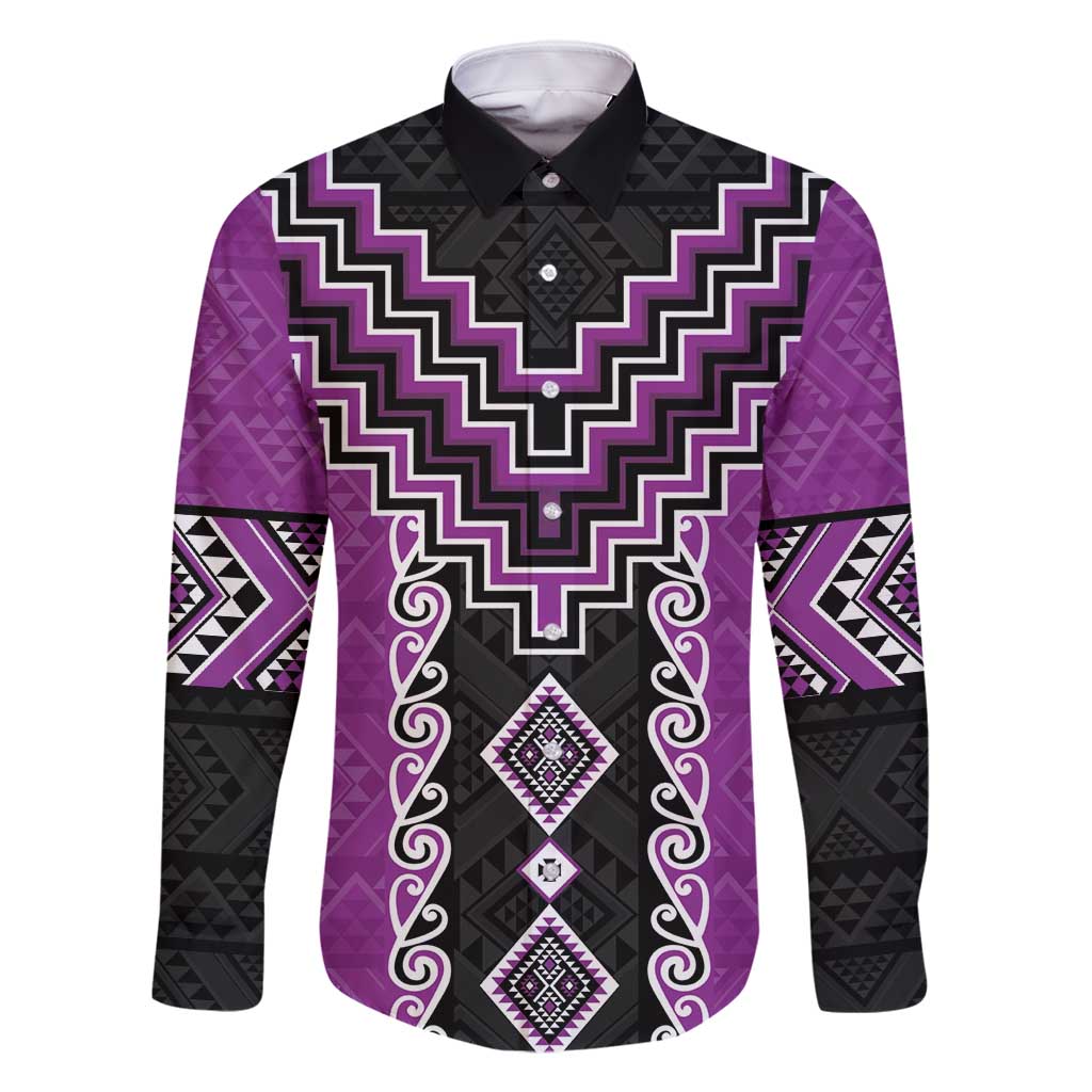 Purple Niho Taniwha Mix Poutama Family Matching Long Sleeve Bodycon Dress and Hawaiian Shirt Unique Taniko Aotearoa
