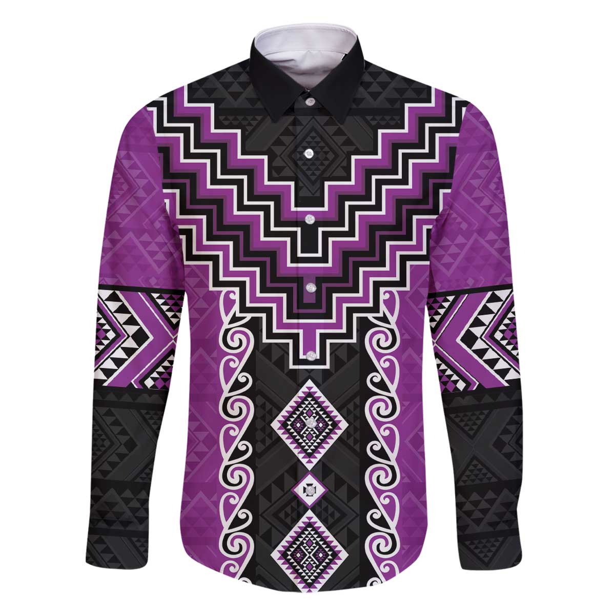 Purple Niho Taniwha Mix Poutama Family Matching Off The Shoulder Long Sleeve Dress and Hawaiian Shirt Unique Taniko Aotearoa