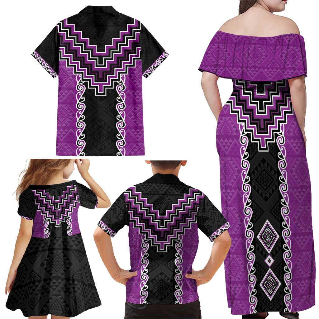 Purple Niho Taniwha Mix Poutama Family Matching Off Shoulder Maxi Dress and Hawaiian Shirt Unique Taniko Aotearoa
