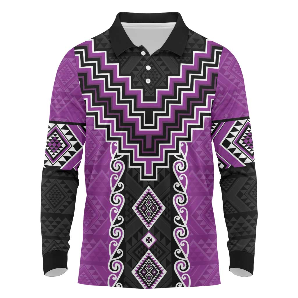 Purple Niho Taniwha Mix Poutama Long Sleeve Polo Shirt Unique Taniko Aotearoa LT01 Purple - Polynesian Pride