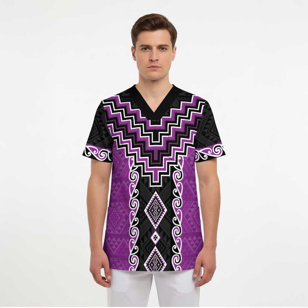 Purple Niho Taniwha Mix Poutama Scrub Top Unique Taniko Aotearoa - Polynesian Pride