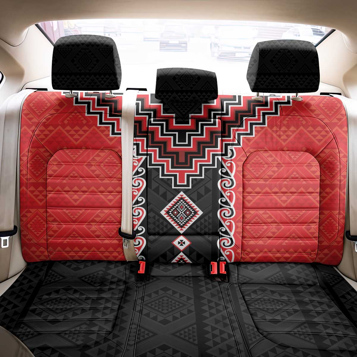Red Niho Taniwha Mix Poutama Back Car Seat Cover Unique Taniko Aotearoa