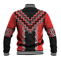 Red Niho Taniwha Mix Poutama Baseball Jacket Unique Taniko Aotearoa