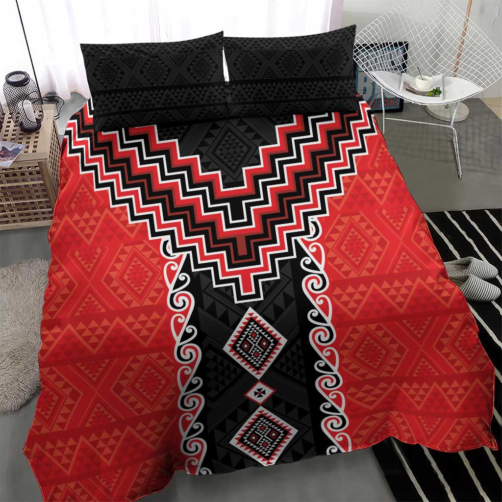 Red Niho Taniwha Mix Poutama Bedding Set Unique Taniko Aotearoa