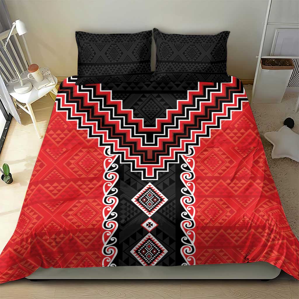 Red Niho Taniwha Mix Poutama Bedding Set Unique Taniko Aotearoa