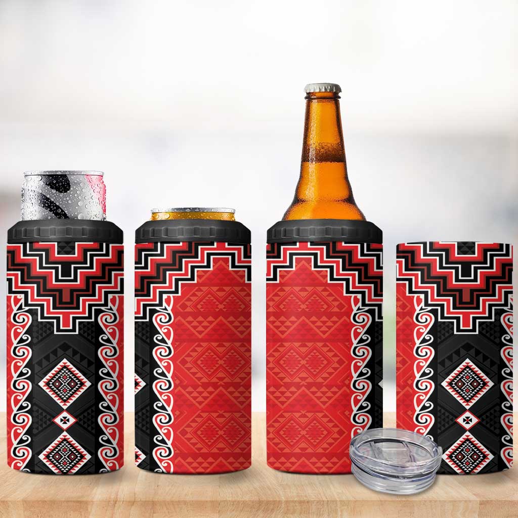 Red Niho Taniwha Mix Poutama 4 in 1 Can Cooler Tumbler Unique Taniko Aotearoa