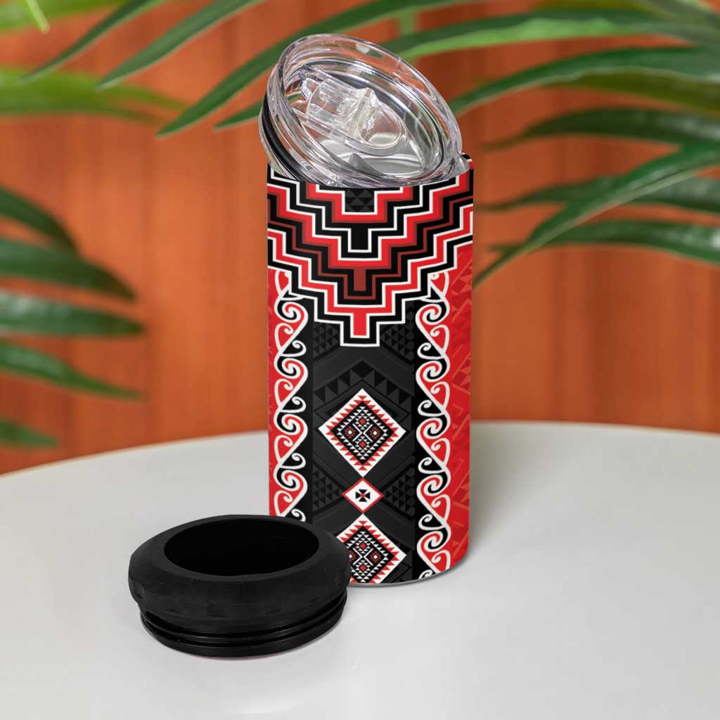 Red Niho Taniwha Mix Poutama 4 in 1 Can Cooler Tumbler Unique Taniko Aotearoa