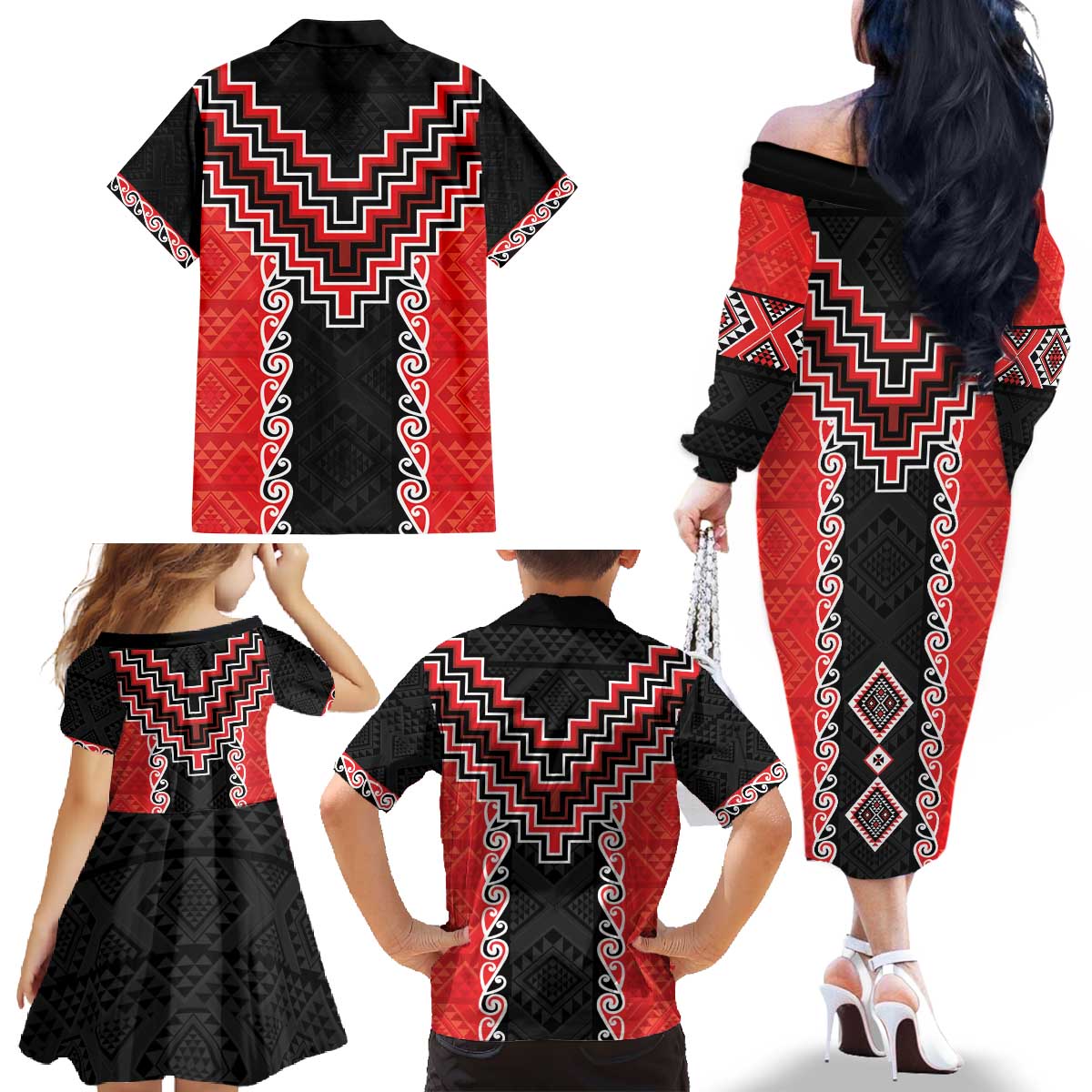 Red Niho Taniwha Mix Poutama Family Matching Off The Shoulder Long Sleeve Dress and Hawaiian Shirt Unique Taniko Aotearoa