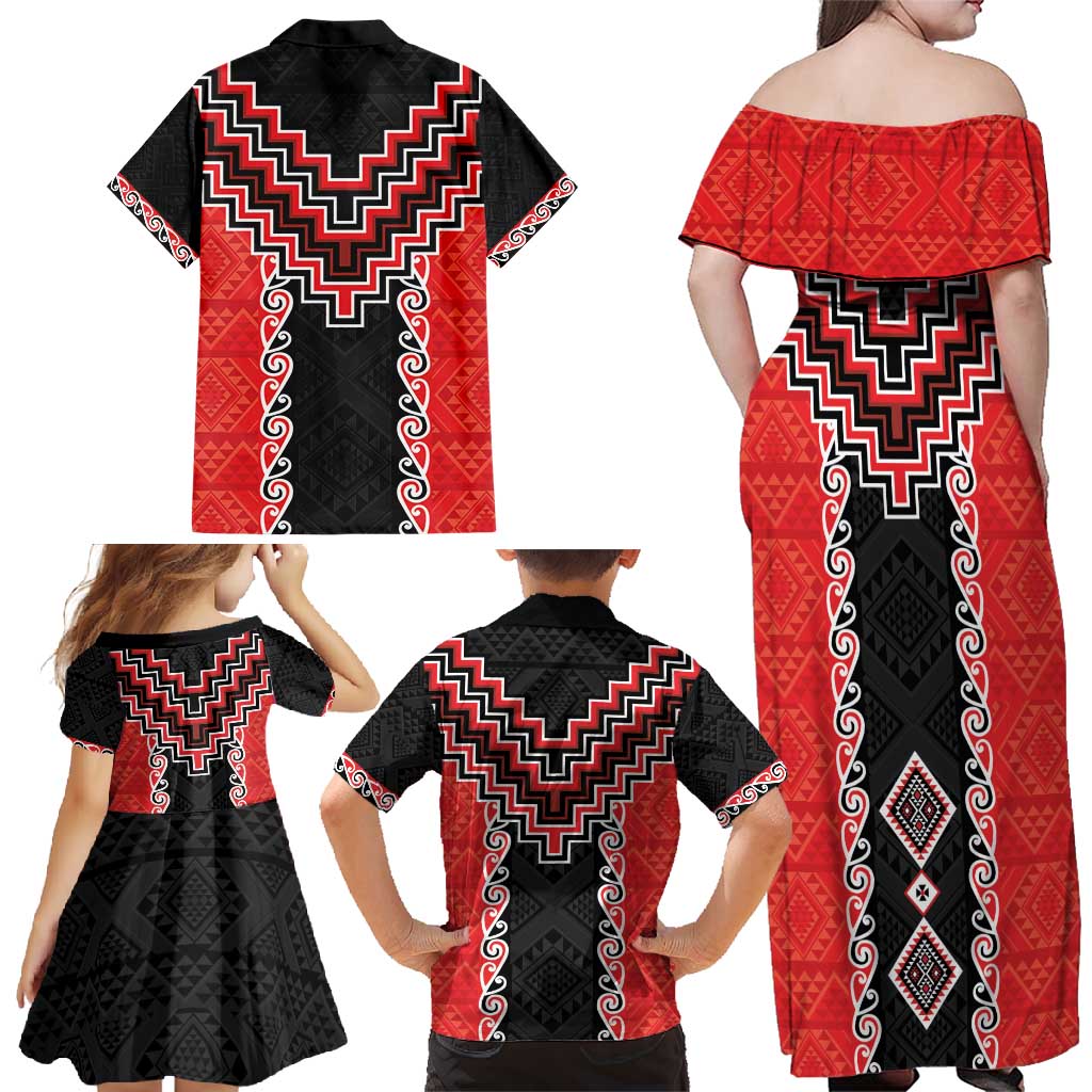 Red Niho Taniwha Mix Poutama Family Matching Off Shoulder Maxi Dress and Hawaiian Shirt Unique Taniko Aotearoa