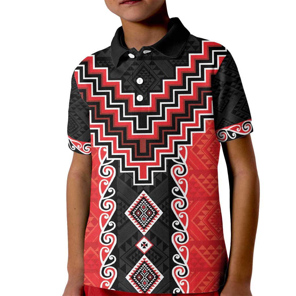 Red Niho Taniwha Mix Poutama Kid Polo Shirt Unique Taniko Aotearoa LT01 Kid Red - Polynesian Pride