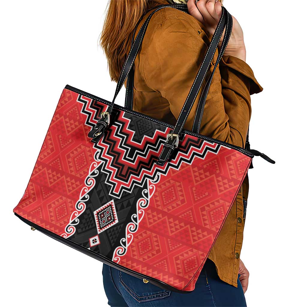 Red Niho Taniwha Mix Poutama Leather Tote Bag Unique Taniko Aotearoa