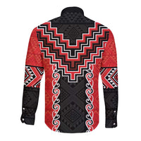 Red Niho Taniwha Mix Poutama Long Sleeve Button Shirt Unique Taniko Aotearoa