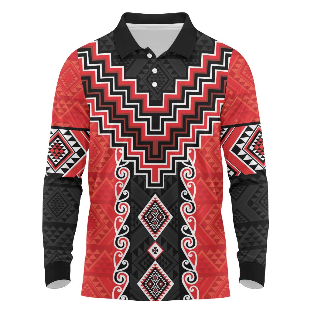 Red Niho Taniwha Mix Poutama Long Sleeve Polo Shirt Unique Taniko Aotearoa LT01 Red - Polynesian Pride