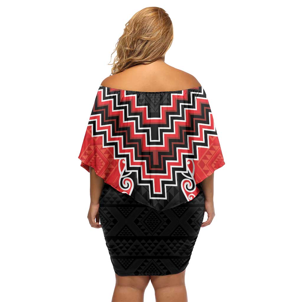 Red Niho Taniwha Mix Poutama Off Shoulder Short Dress Unique Taniko Aotearoa