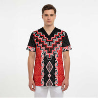 Red Niho Taniwha Mix Poutama Scrub Top Unique Taniko Aotearoa - Polynesian Pride