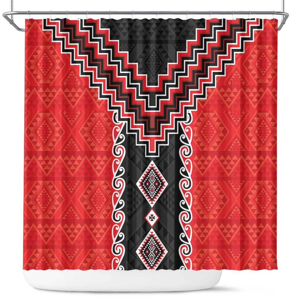 Red Niho Taniwha Mix Poutama Shower Curtain Unique Taniko Aotearoa
