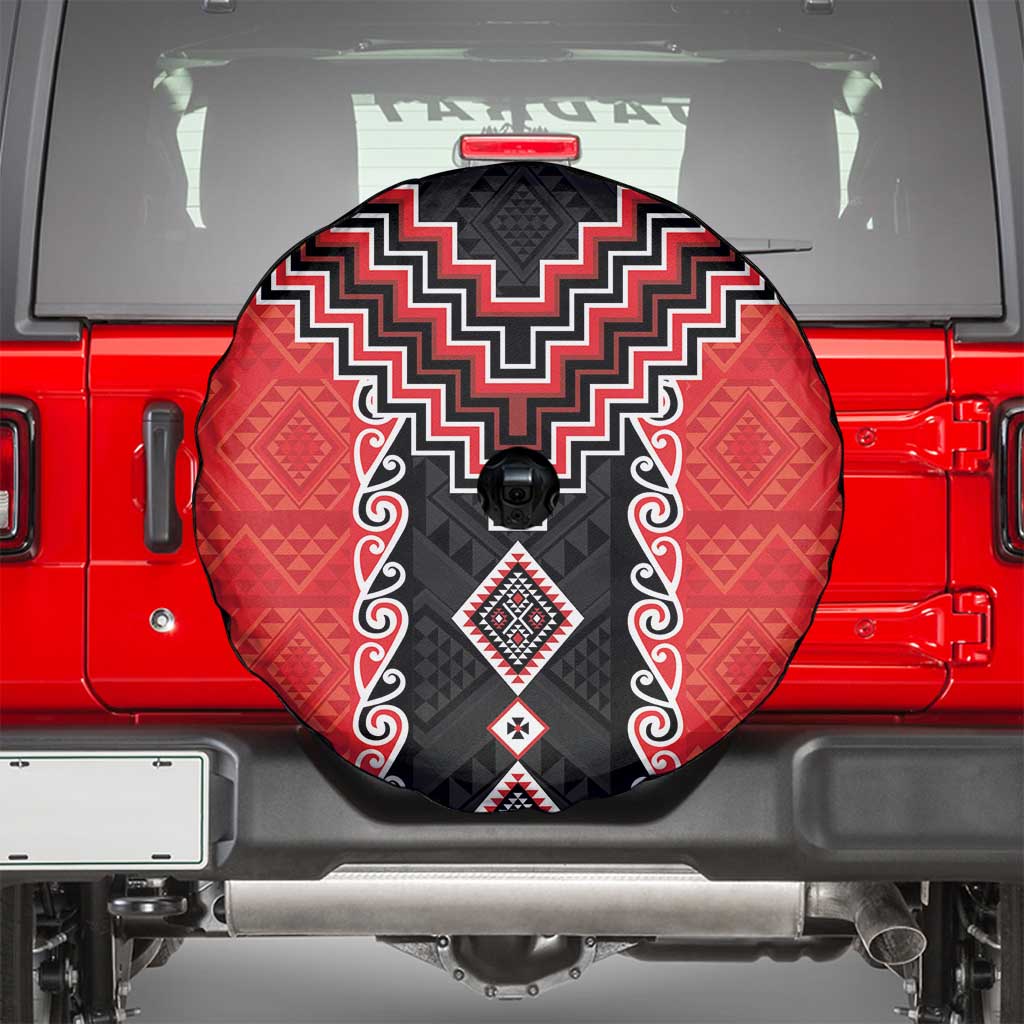 Red Niho Taniwha Mix Poutama Spare Tire Cover Unique Taniko Aotearoa
