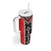 Red Niho Taniwha Mix Poutama Tumbler With Handle Unique Taniko Aotearoa