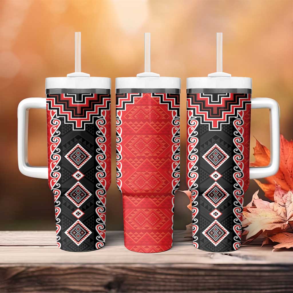 Red Niho Taniwha Mix Poutama Tumbler With Handle Unique Taniko Aotearoa