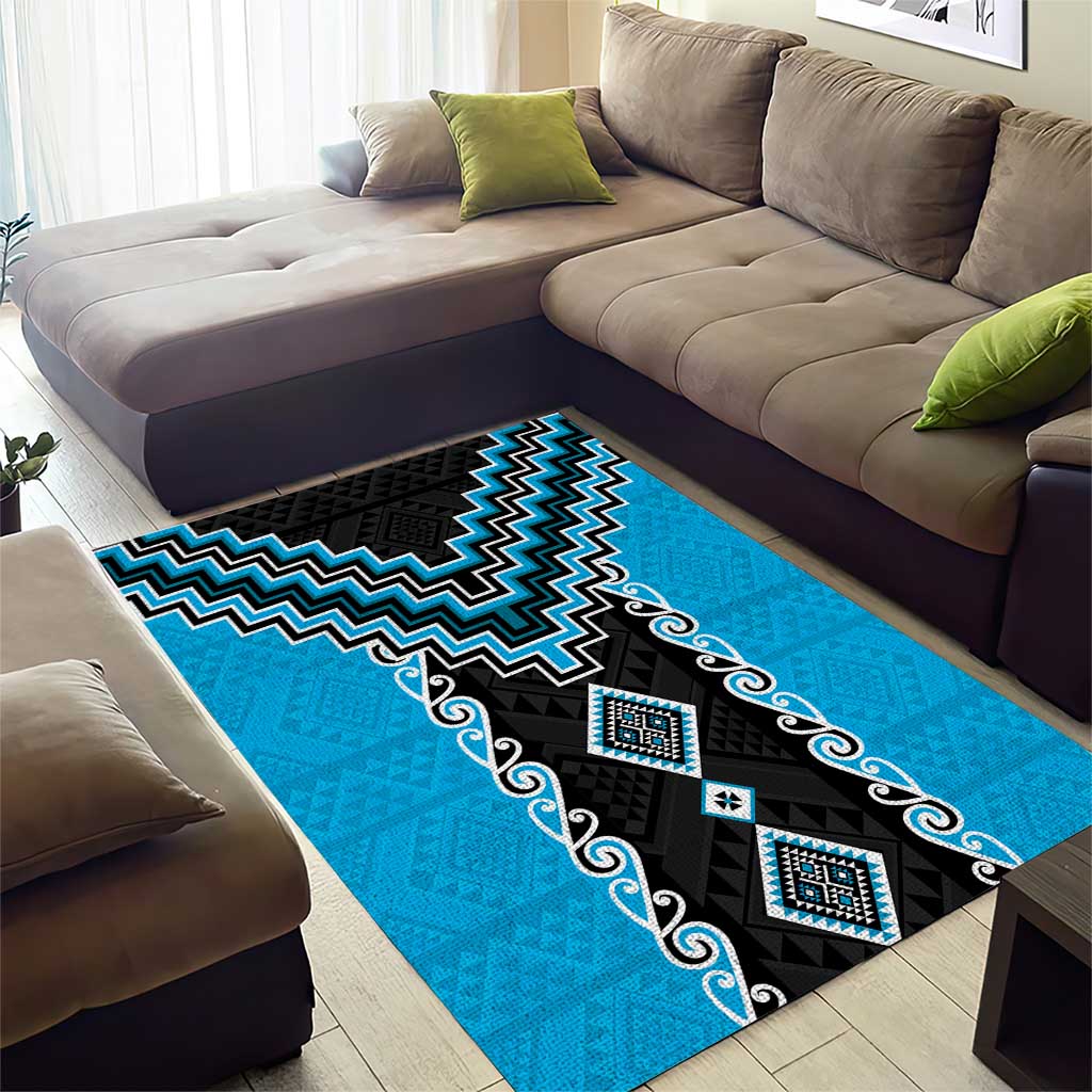 Sky Blue Niho Taniwha Mix Poutama Area Rug Unique Taniko Aotearoa