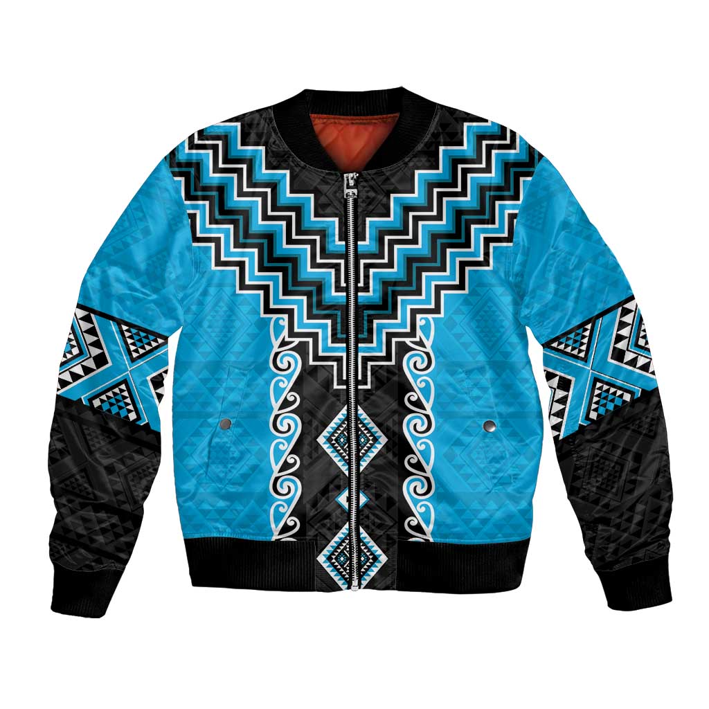 Sky Blue Niho Taniwha Mix Poutama Bomber Jacket Unique Taniko Aotearoa