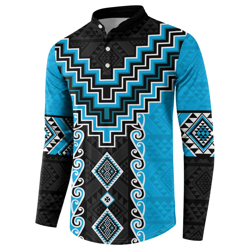 Sky Blue Niho Taniwha Mix Poutama Button Sweatshirt Unique Taniko Aotearoa