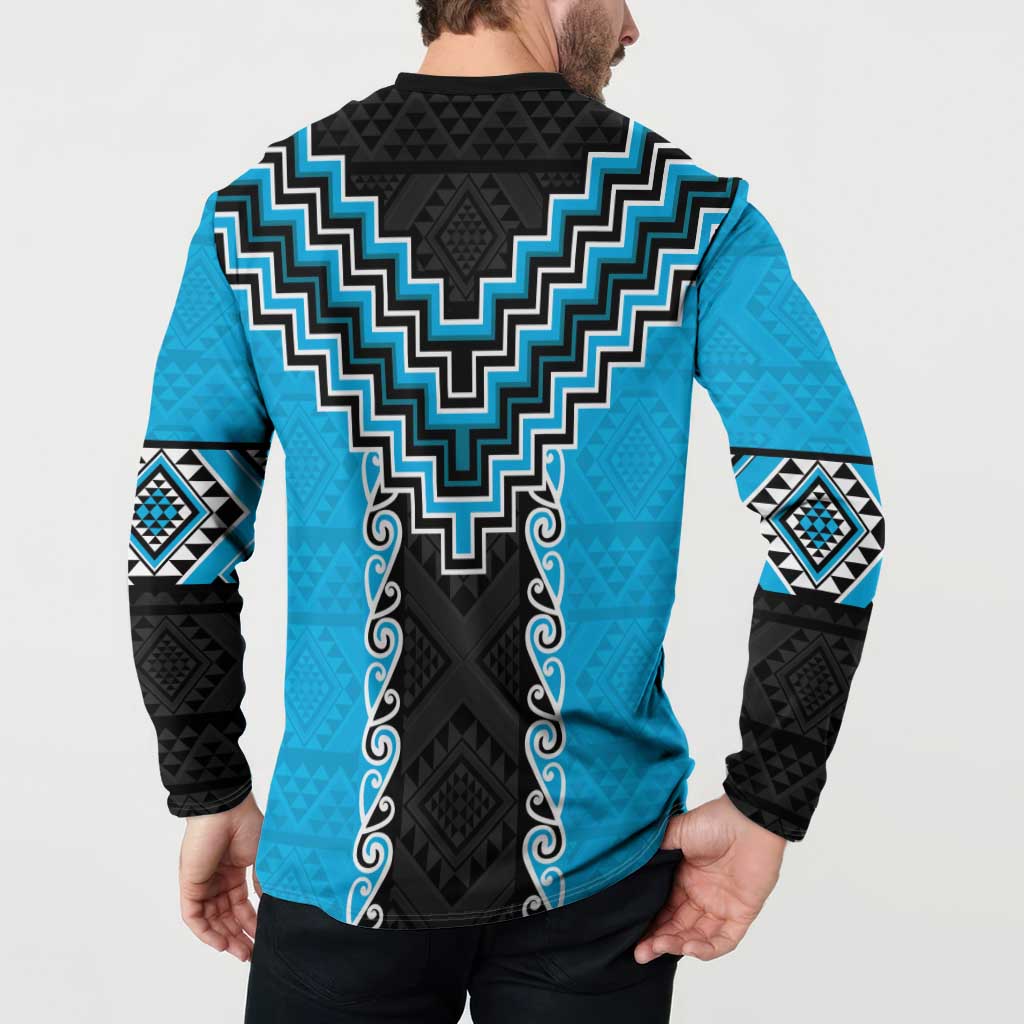 Sky Blue Niho Taniwha Mix Poutama Button Sweatshirt Unique Taniko Aotearoa