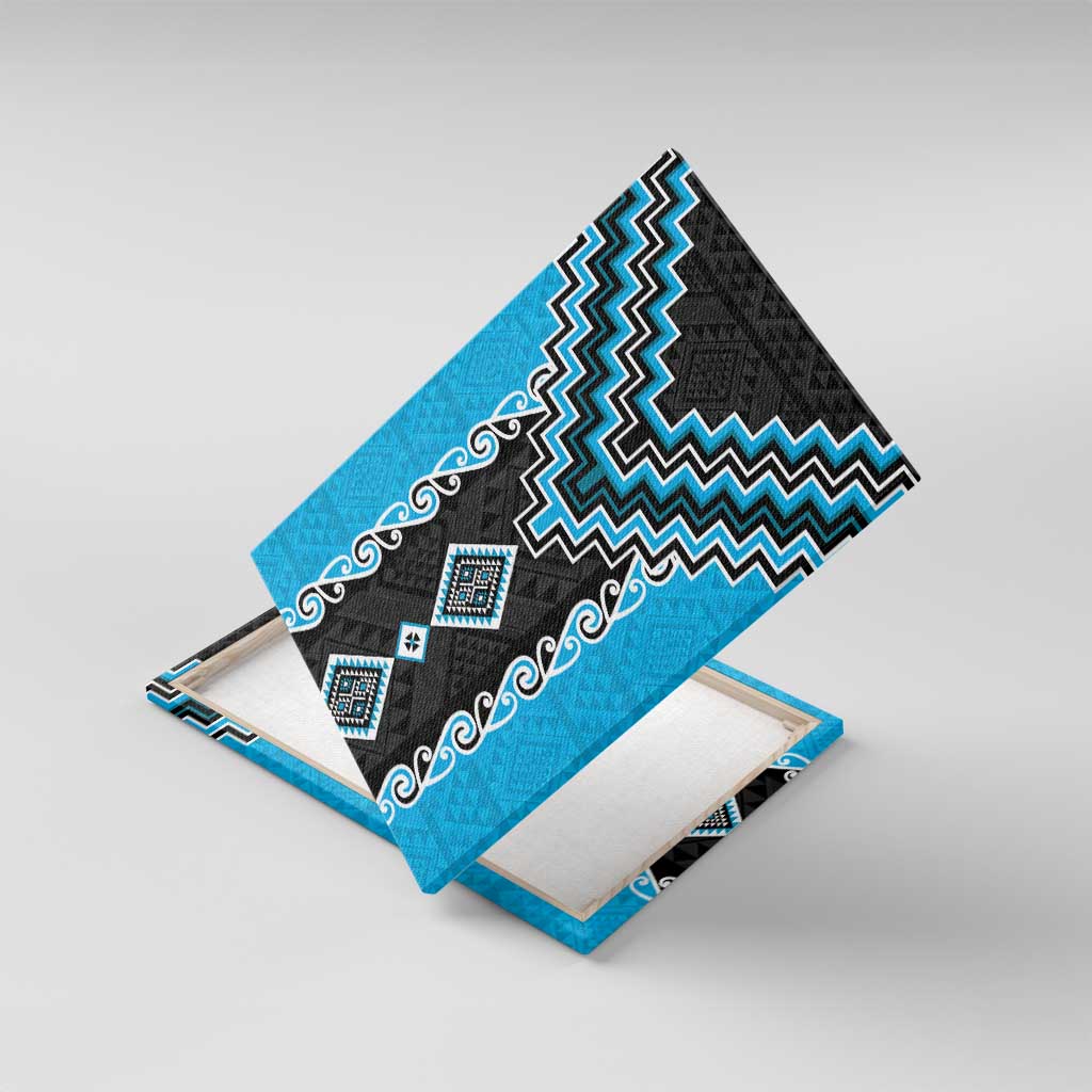 Sky Blue Niho Taniwha Mix Poutama Canvas Wall Art Unique Taniko Aotearoa