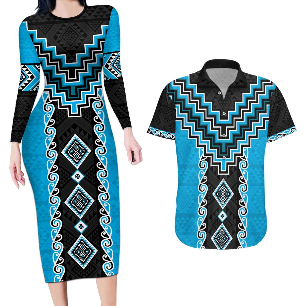Sky Blue Niho Taniwha Mix Poutama Couples Matching Long Sleeve Bodycon Dress and Hawaiian Shirt Unique Taniko Aotearoa