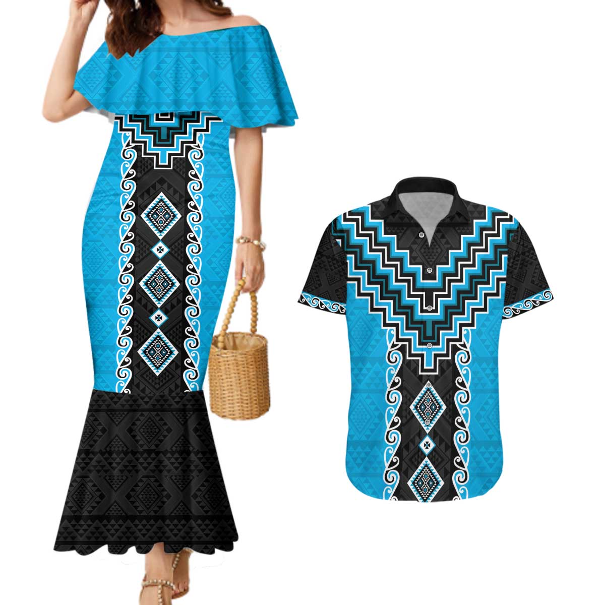 Sky Blue Niho Taniwha Mix Poutama Couples Matching Mermaid Dress and Hawaiian Shirt Unique Taniko Aotearoa