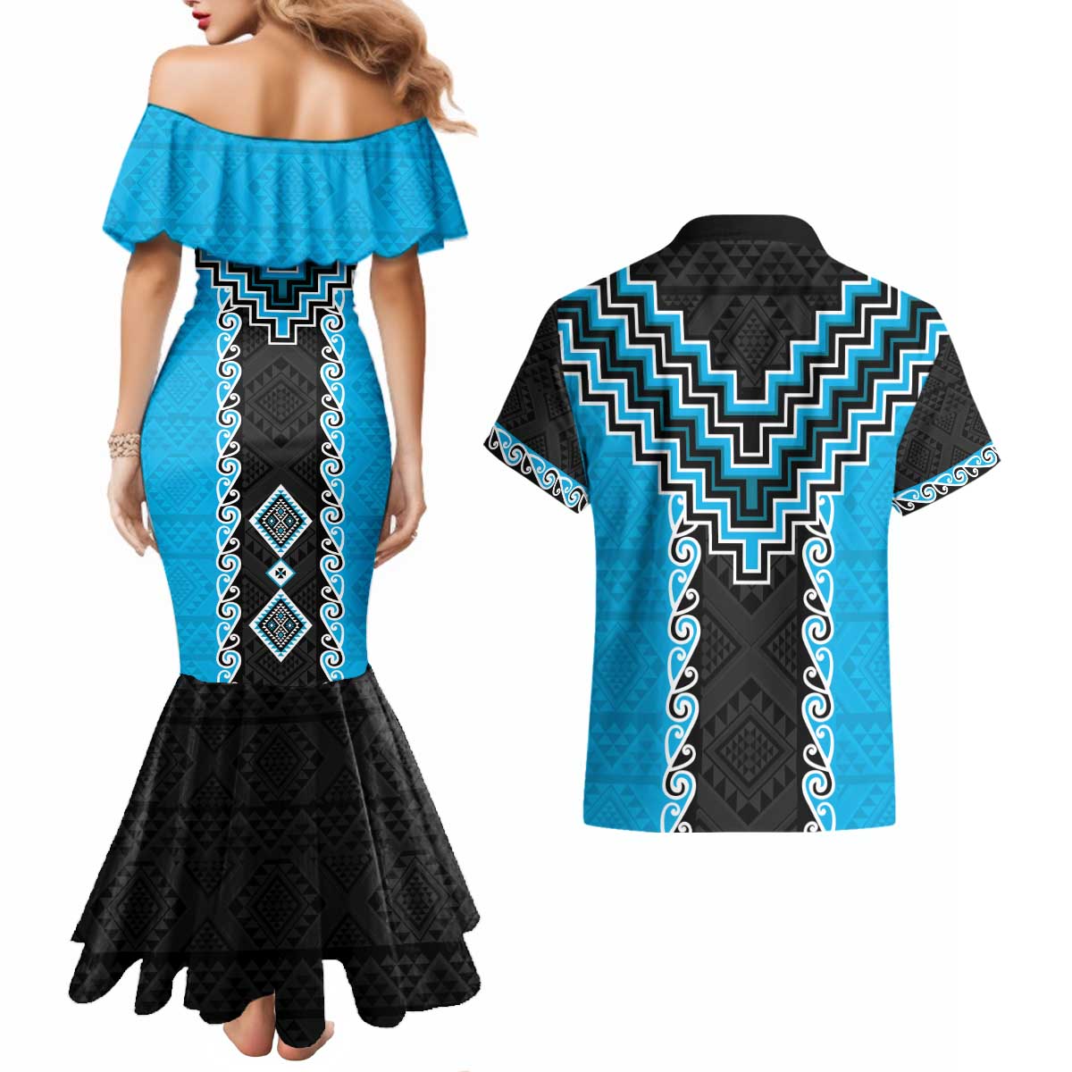 Sky Blue Niho Taniwha Mix Poutama Couples Matching Mermaid Dress and Hawaiian Shirt Unique Taniko Aotearoa