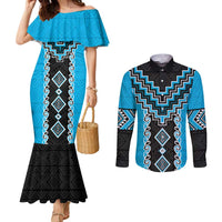 Sky Blue Niho Taniwha Mix Poutama Couples Matching Mermaid Dress and Long Sleeve Button Shirt Unique Taniko Aotearoa