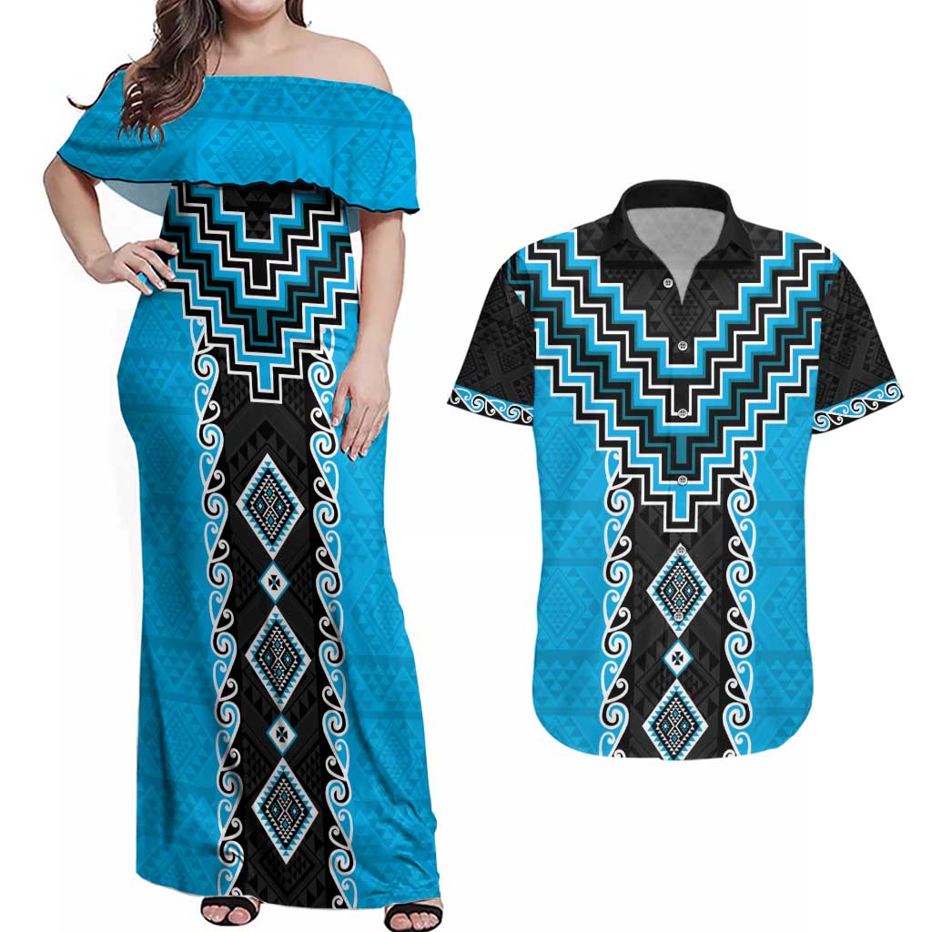 Sky Blue Niho Taniwha Mix Poutama Couples Matching Off Shoulder Maxi Dress and Hawaiian Shirt Unique Taniko Aotearoa